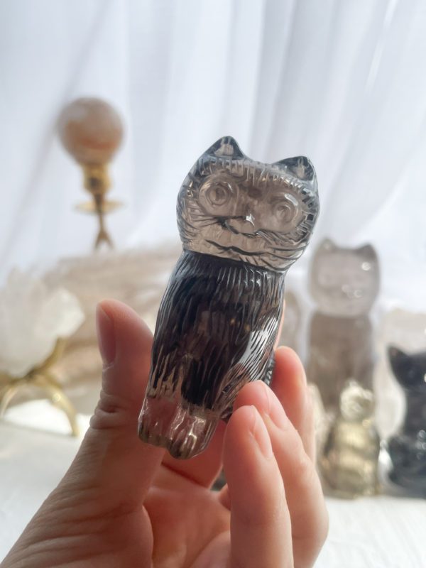 天然石 ねこ　水晶　置物　スモーキークォーツ　猫