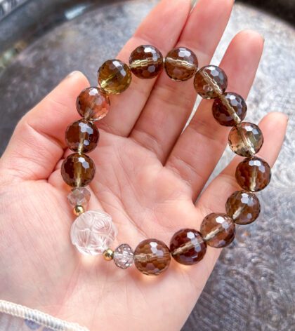 スモーキークォーツ　手彫り　蓮水晶　ブレスレット　パワーストーン