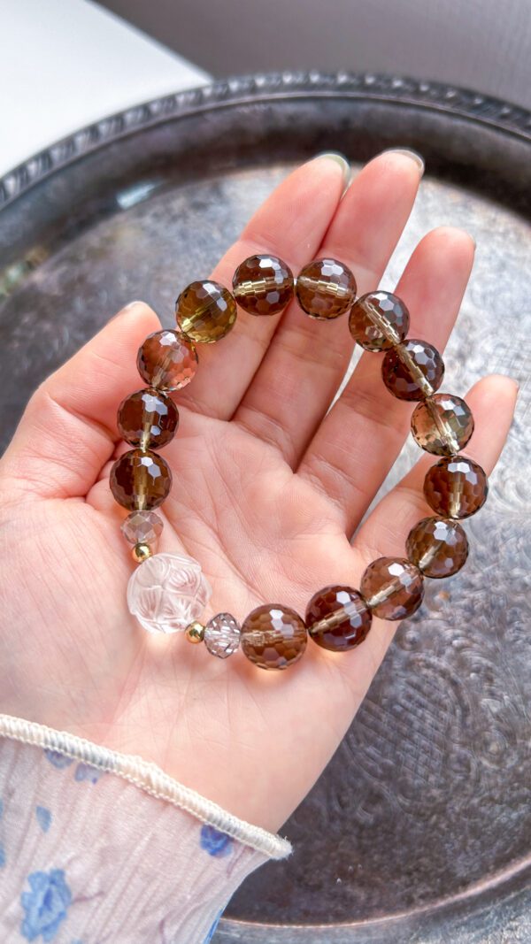 スモーキークォーツ　手彫り　蓮水晶　ブレスレット　パワーストーン
