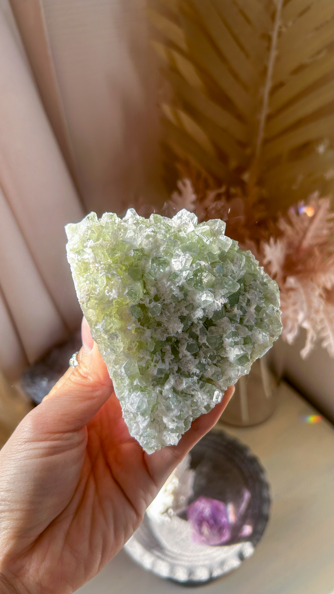 キューブ結晶 ケーキのようなグリーンアポフィライト with オケナイト ML - 画像 (4)